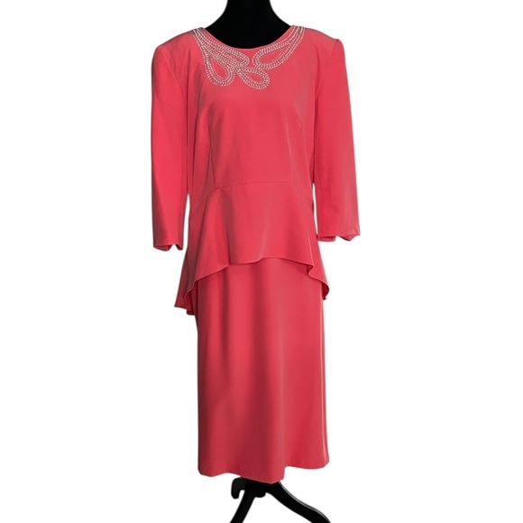 ASHRO Coral Pink Peplum Pencil Skirt Suit Rhinestone Y2K Formal Wedding Size 16 - Picture 10 of 16